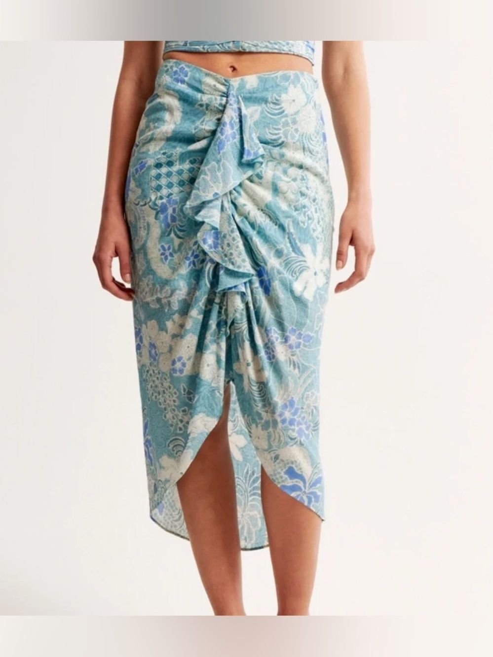 Abercrombie & Fitch Blue Floral Ruffle Tiered Cascading Crinkle Swim Sarong Sm